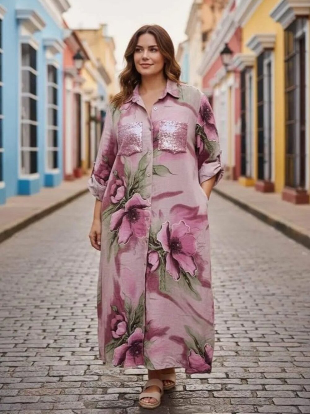Made in Italy Petals & Linen Dress One Size Plus - Pink - Fits Medium to 2X